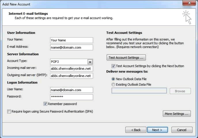 Outlook 2010 Internet E-mail Settings